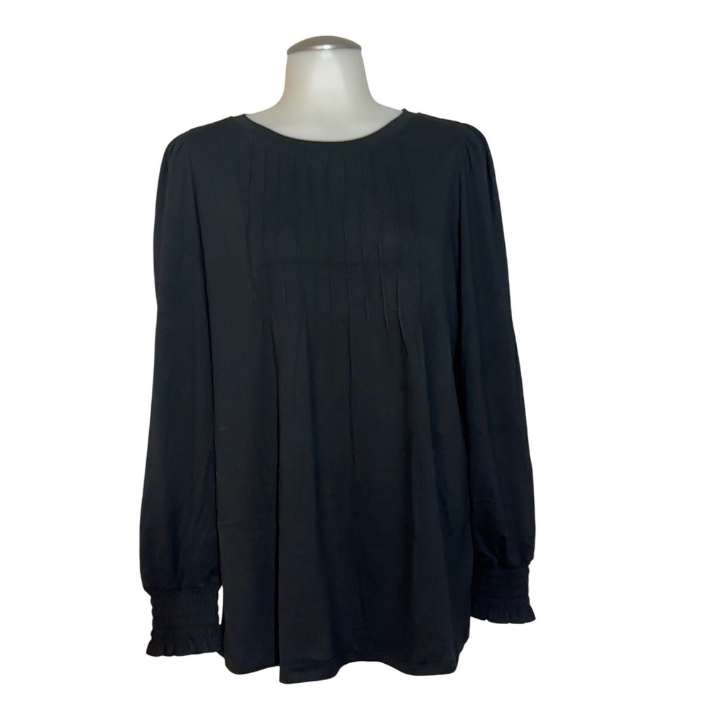 Automet‎ Pleated Front Blouse Women Large Black Smocked Cuff Long Sleeve Top NWT